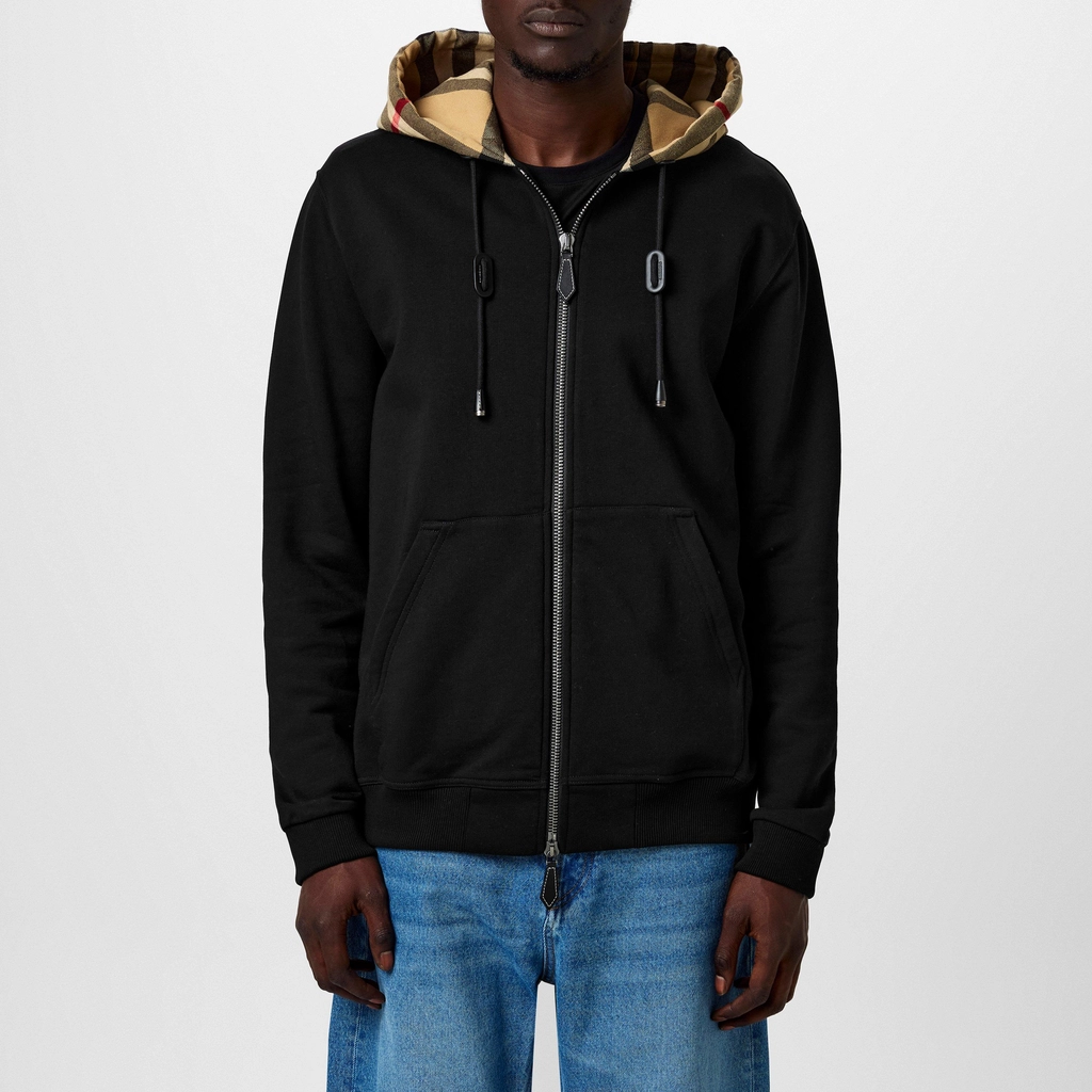 Burberry Check Hood Cotton Zip Hoodie - Black A1189
