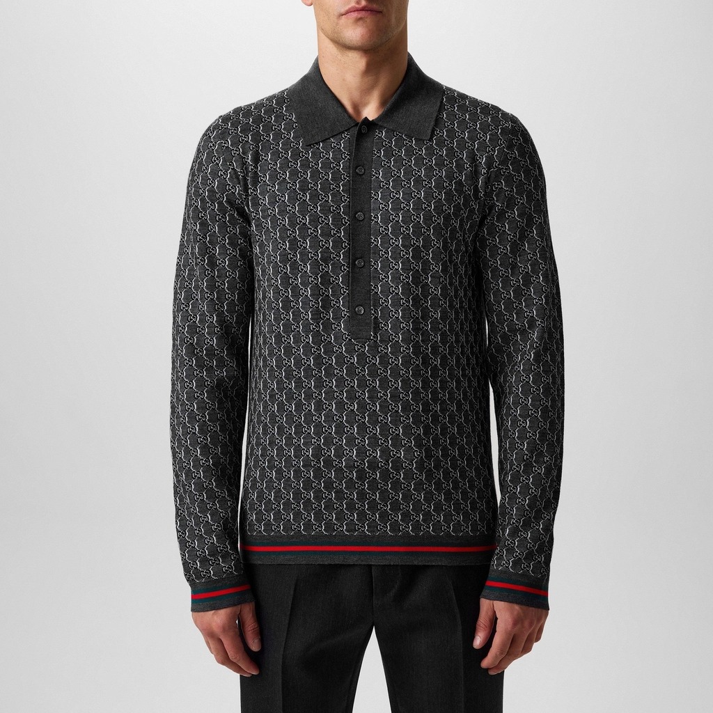 Gucci Long Sleeve Knit Polo Shirt - Grey/Green