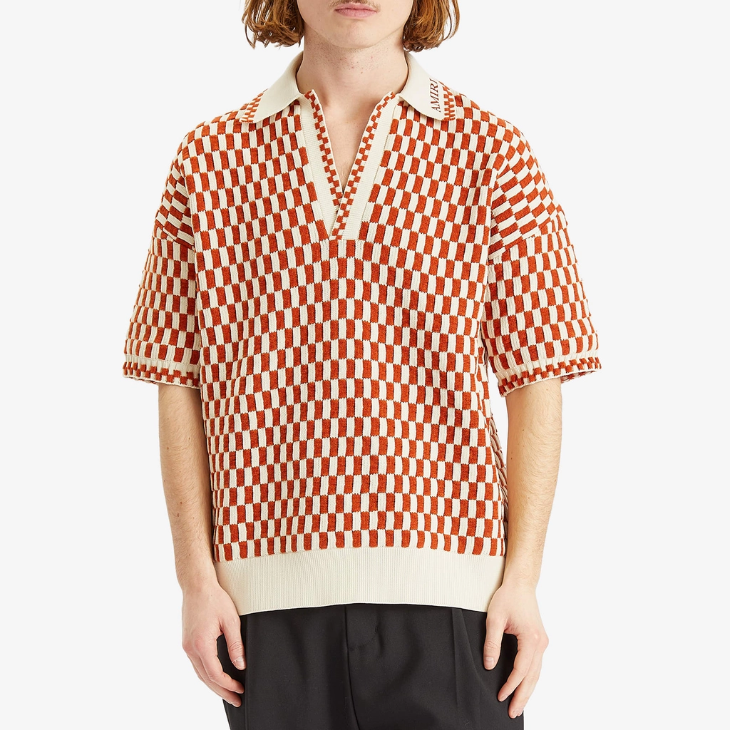 AMIRI Men's Checkered Oversized Woven Polo Burnt Orange