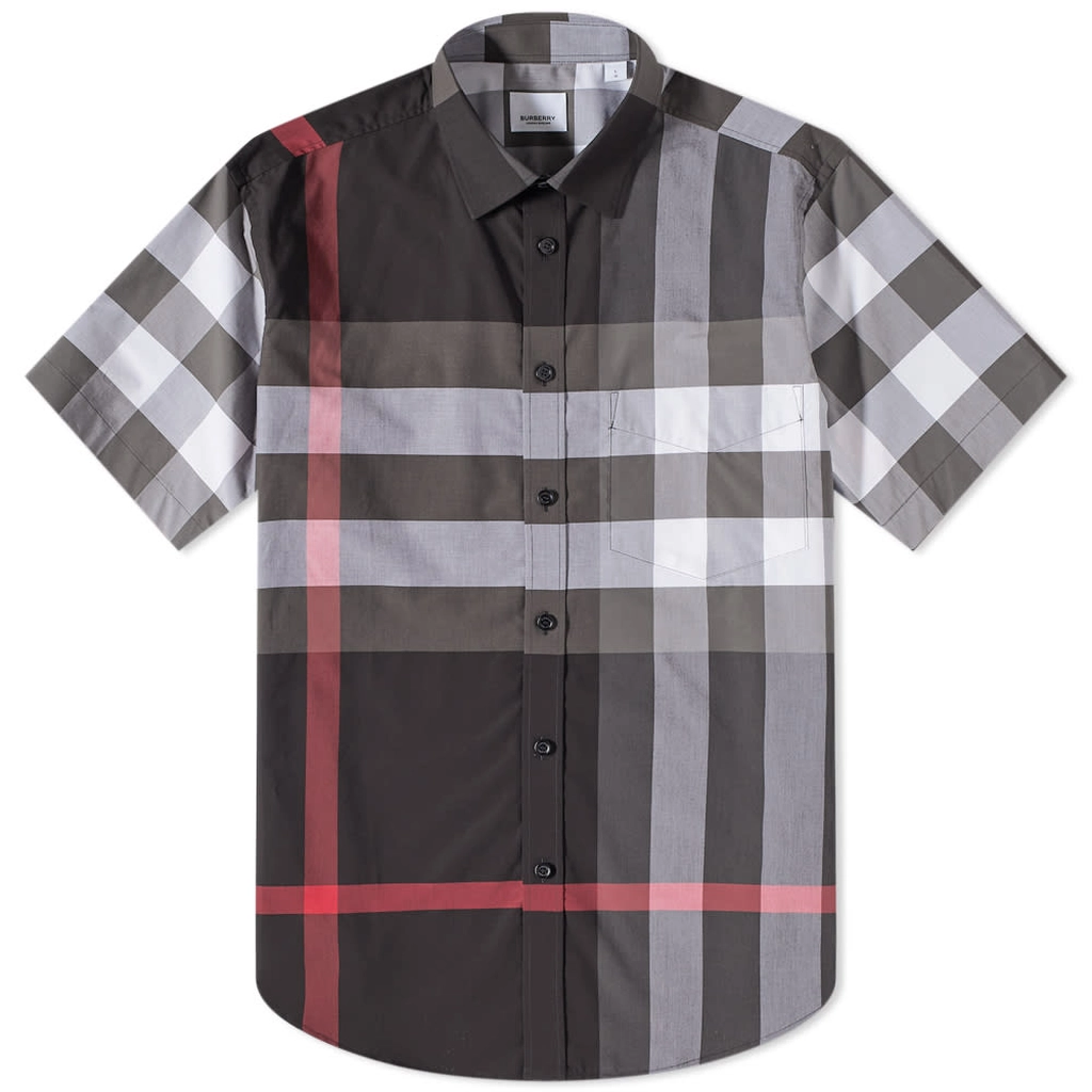 Burberry Men's Short Sleeve Somerton Large Check Shirt Charcoal Check