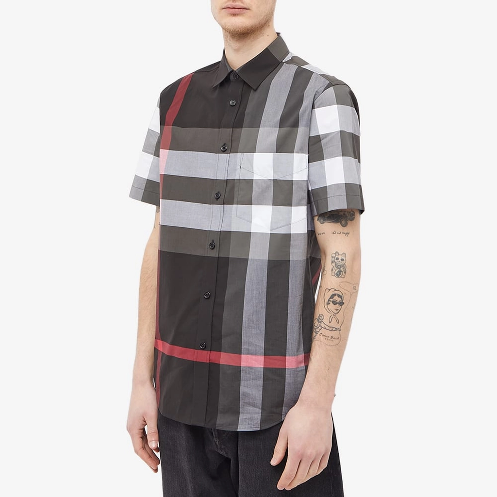 Burberry Men's Short Sleeve Somerton Large Check Shirt Charcoal Check