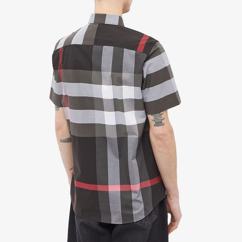 Burberry Men's Short Sleeve Somerton Large Check Shirt Charcoal Check