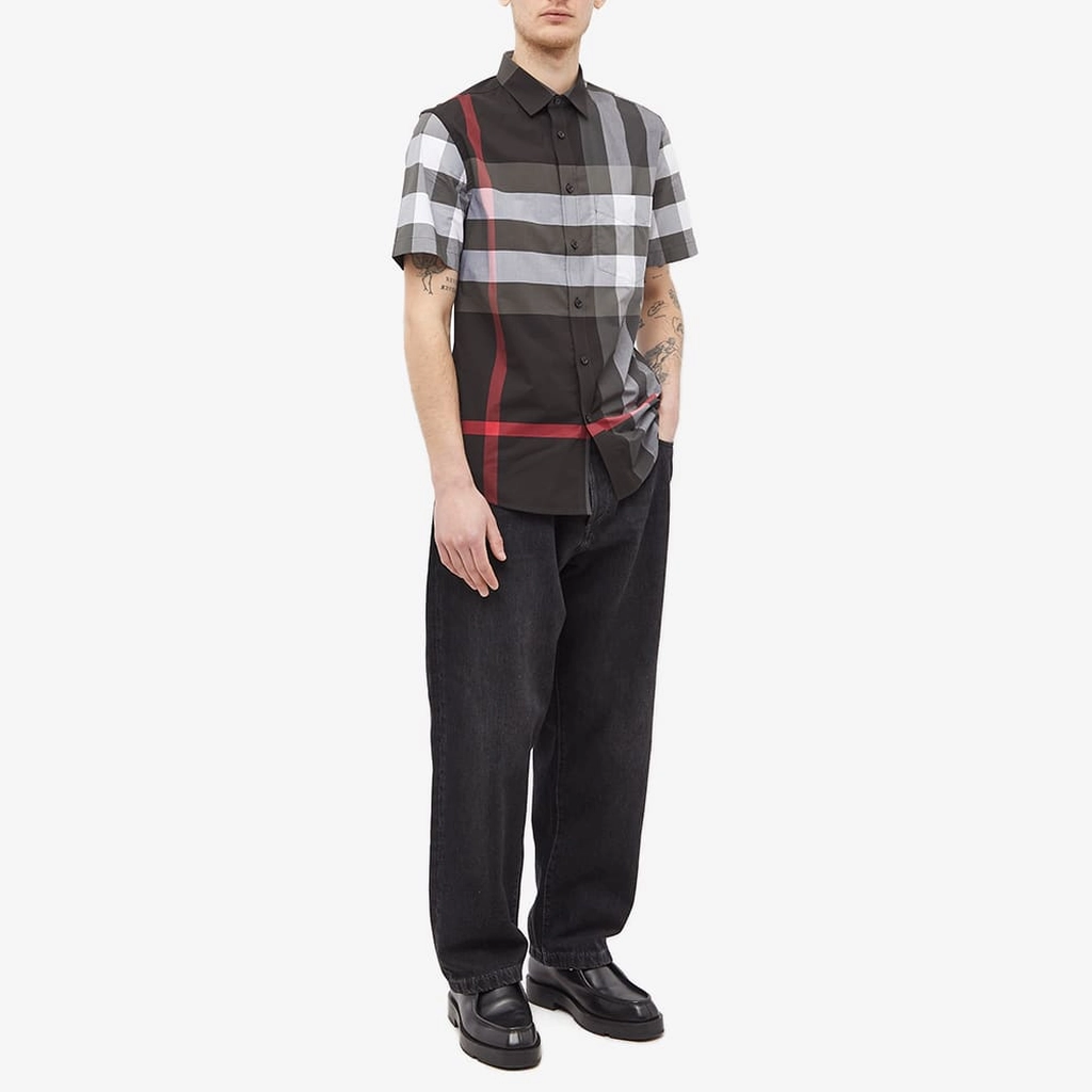 Burberry Men's Short Sleeve Somerton Large Check Shirt Charcoal Check