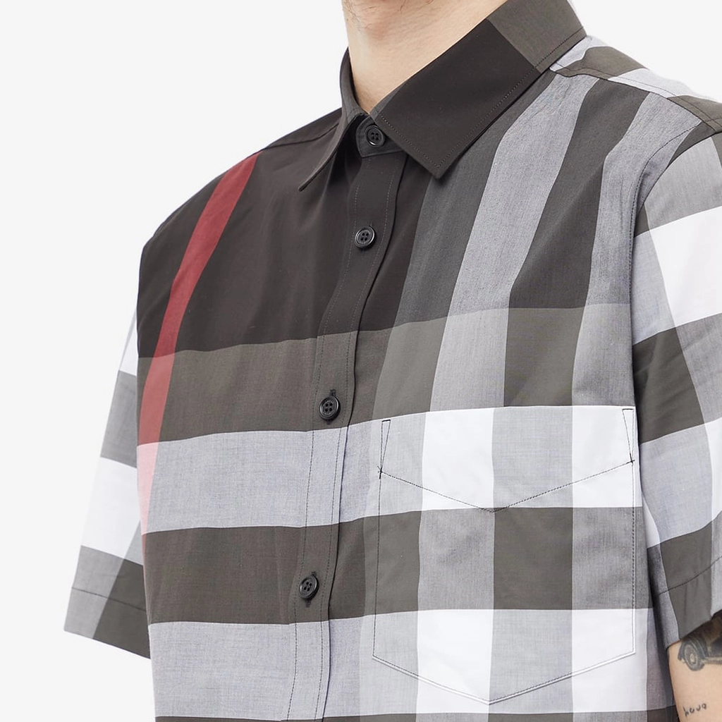 Burberry Men's Short Sleeve Somerton Large Check Shirt Charcoal Check
