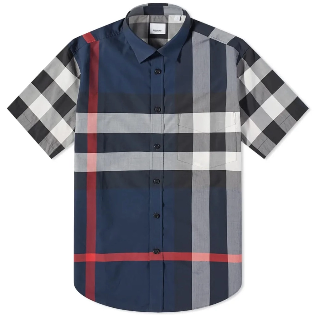Burberry Men's Short Sleeve Somerton Large Check Shirt Navy Check