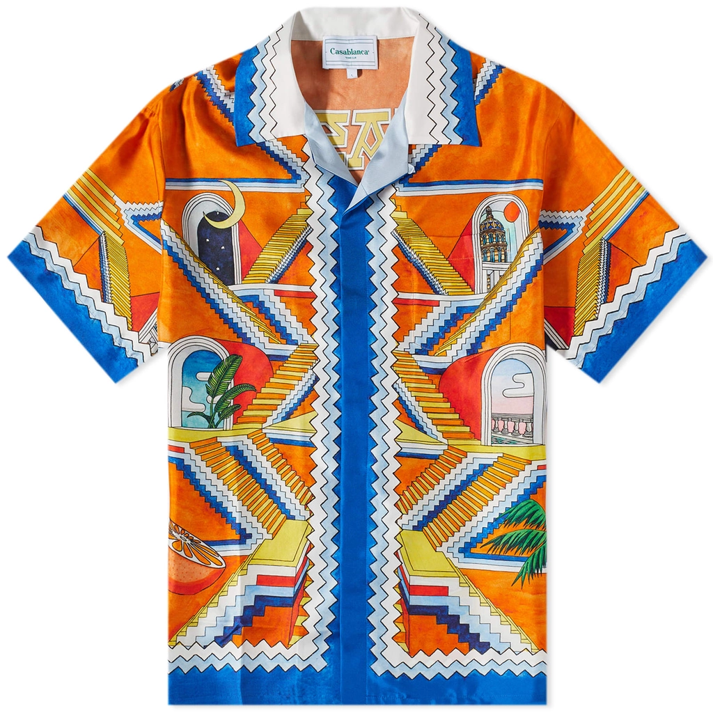 Casablanca Men's Escalier Infini Short Sleeve Silk Shirt Orange/Blue