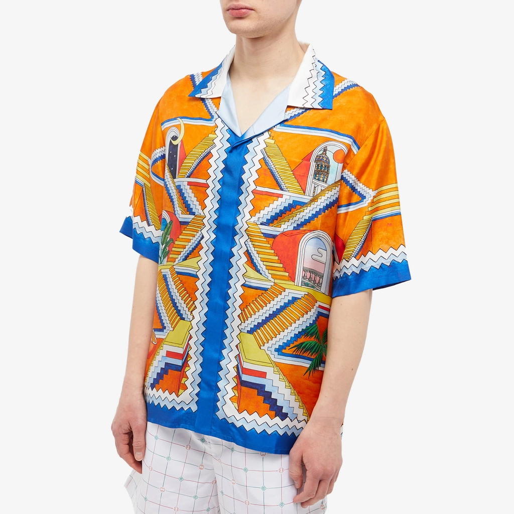 Casablanca Men's Escalier Infini Short Sleeve Silk Shirt Orange/Blue
