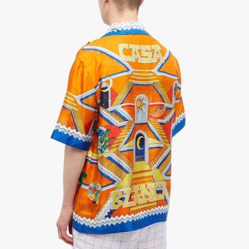 Casablanca Men's Escalier Infini Short Sleeve Silk Shirt Orange/Blue