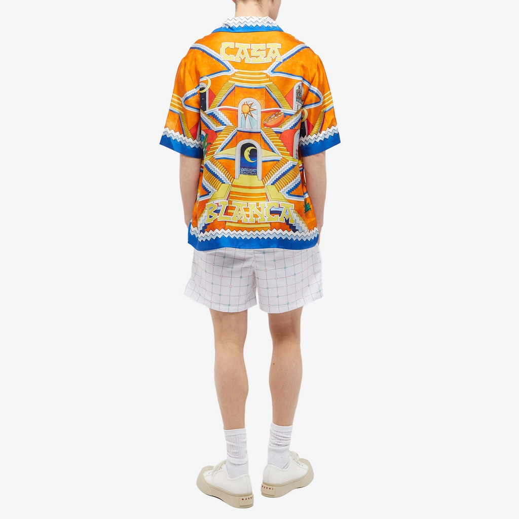 Casablanca Men's Escalier Infini Short Sleeve Silk Shirt Orange/Blue