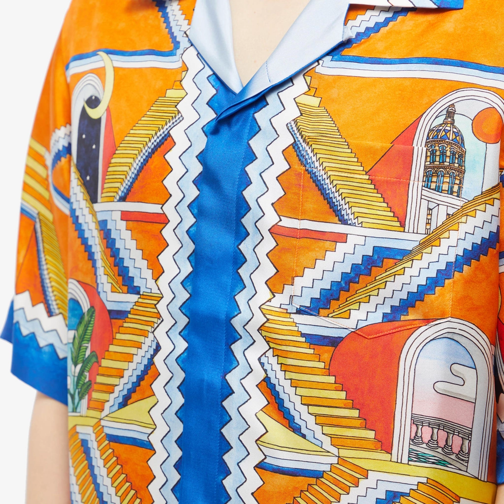Casablanca Men's Escalier Infini Short Sleeve Silk Shirt Orange/Blue