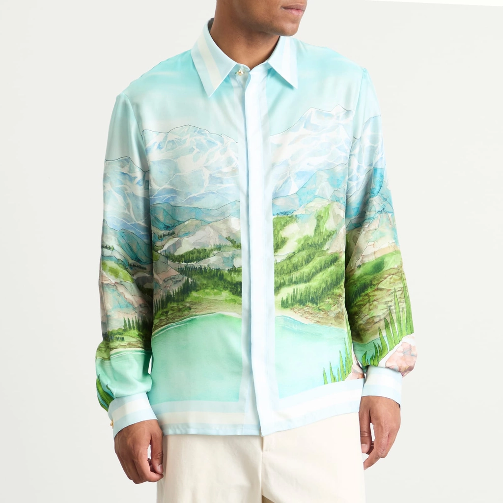 Casablanca Men's Classic Long Sleeve Patterned Silk Shirt Blue
