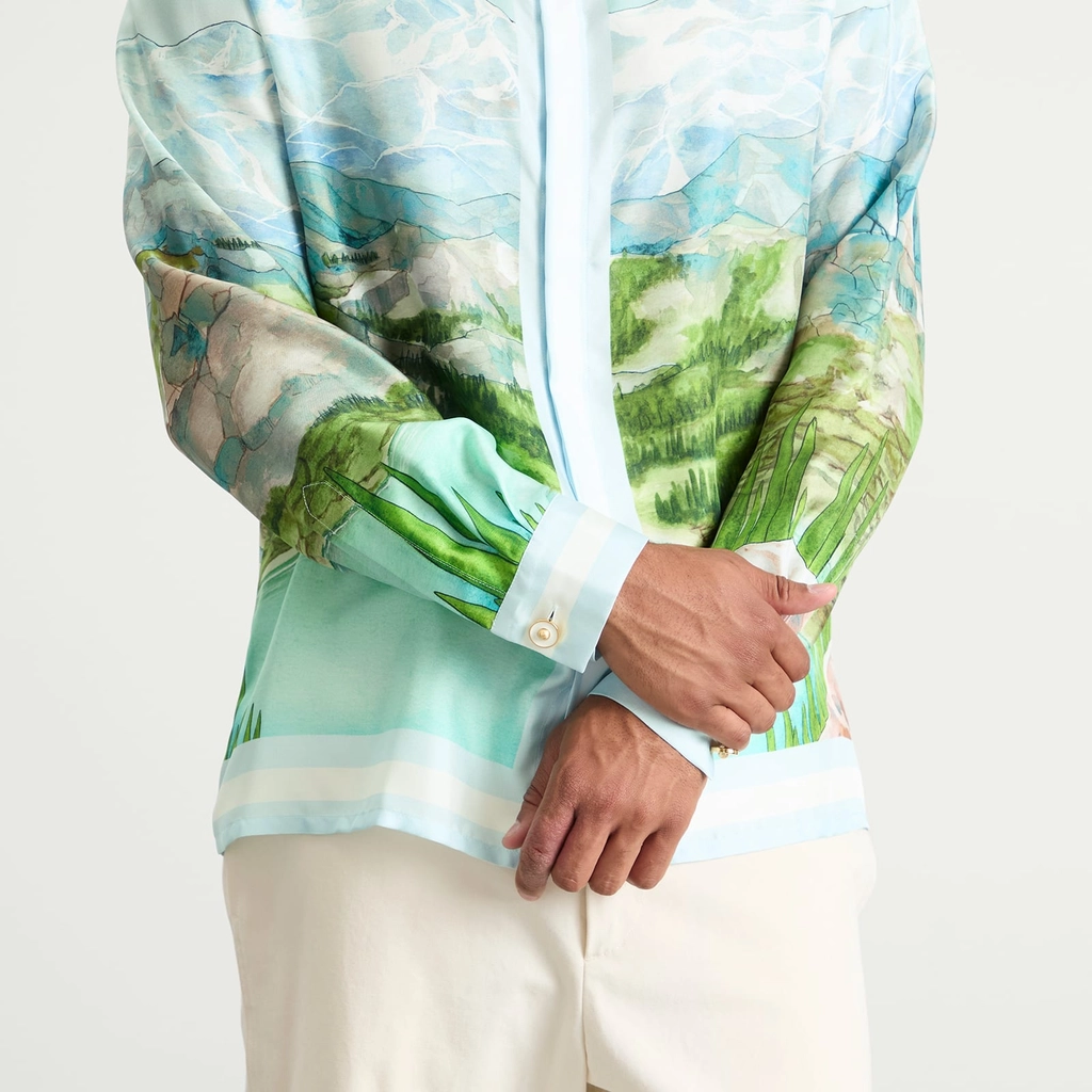 Casablanca Men's Classic Long Sleeve Patterned Silk Shirt Blue
