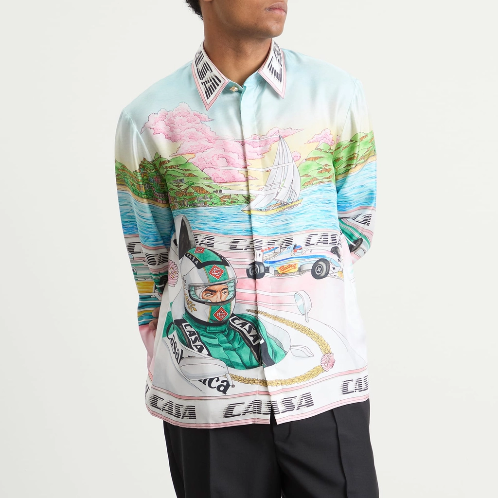 Casablanca Men's Classic Long Sleeve Patterned Silk Shirt Blue