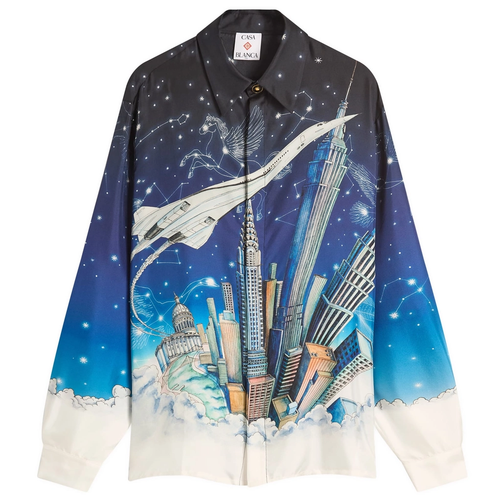 Casablanca Men's Classic Long Sleeve Patterned Silk Shirt Blue