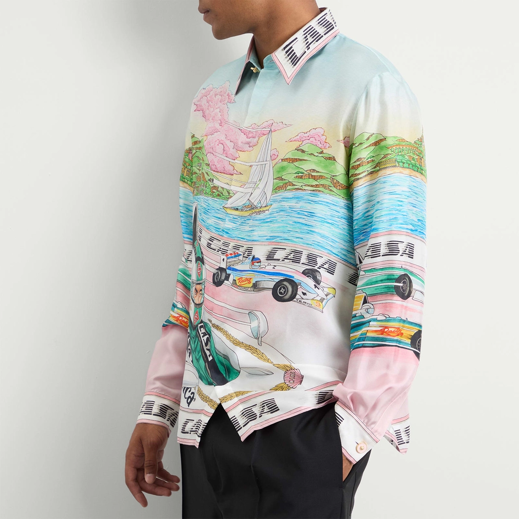 Casablanca Men's Classic Long Sleeve Patterned Silk Shirt Blue