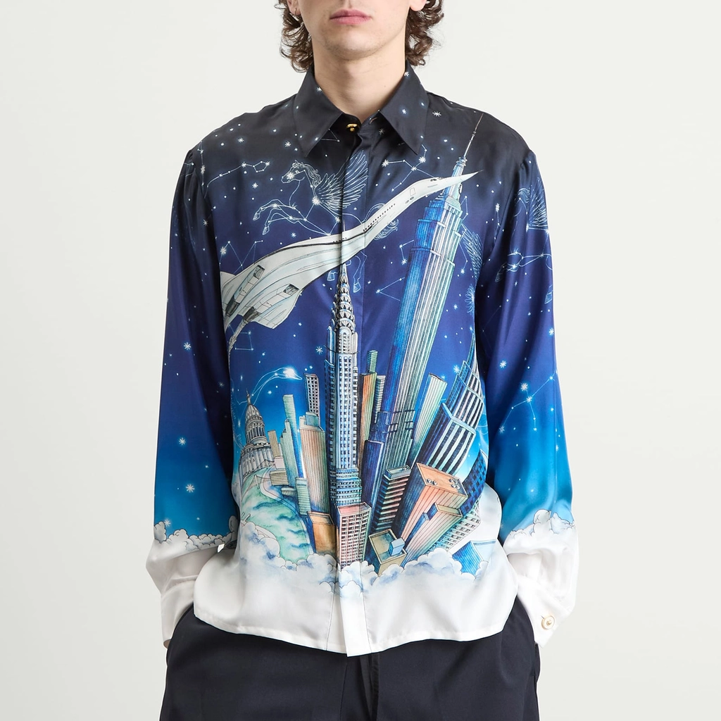 Casablanca Men's Classic Long Sleeve Patterned Silk Shirt Blue