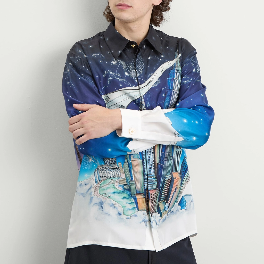 Casablanca Men's Classic Long Sleeve Patterned Silk Shirt Blue