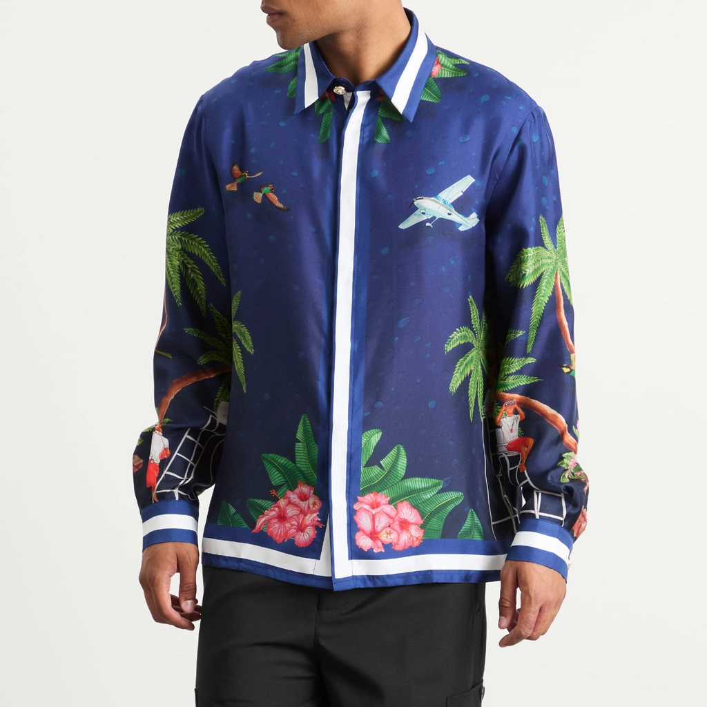 Casablanca Men's Classic Long Sleeve Patterned Silk Shirt Navy