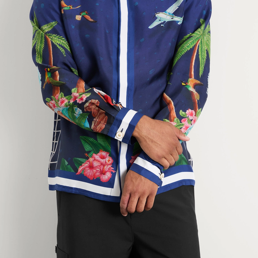 Casablanca Men's Classic Long Sleeve Patterned Silk Shirt Navy
