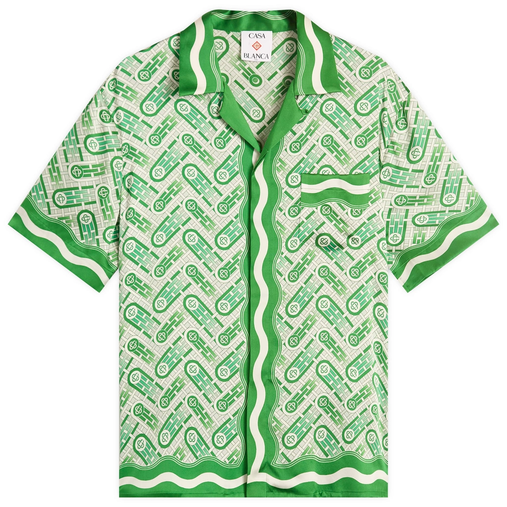 Casablanca Men's Cuban Collar Short Sleeve Patterned Silk Shirt Green