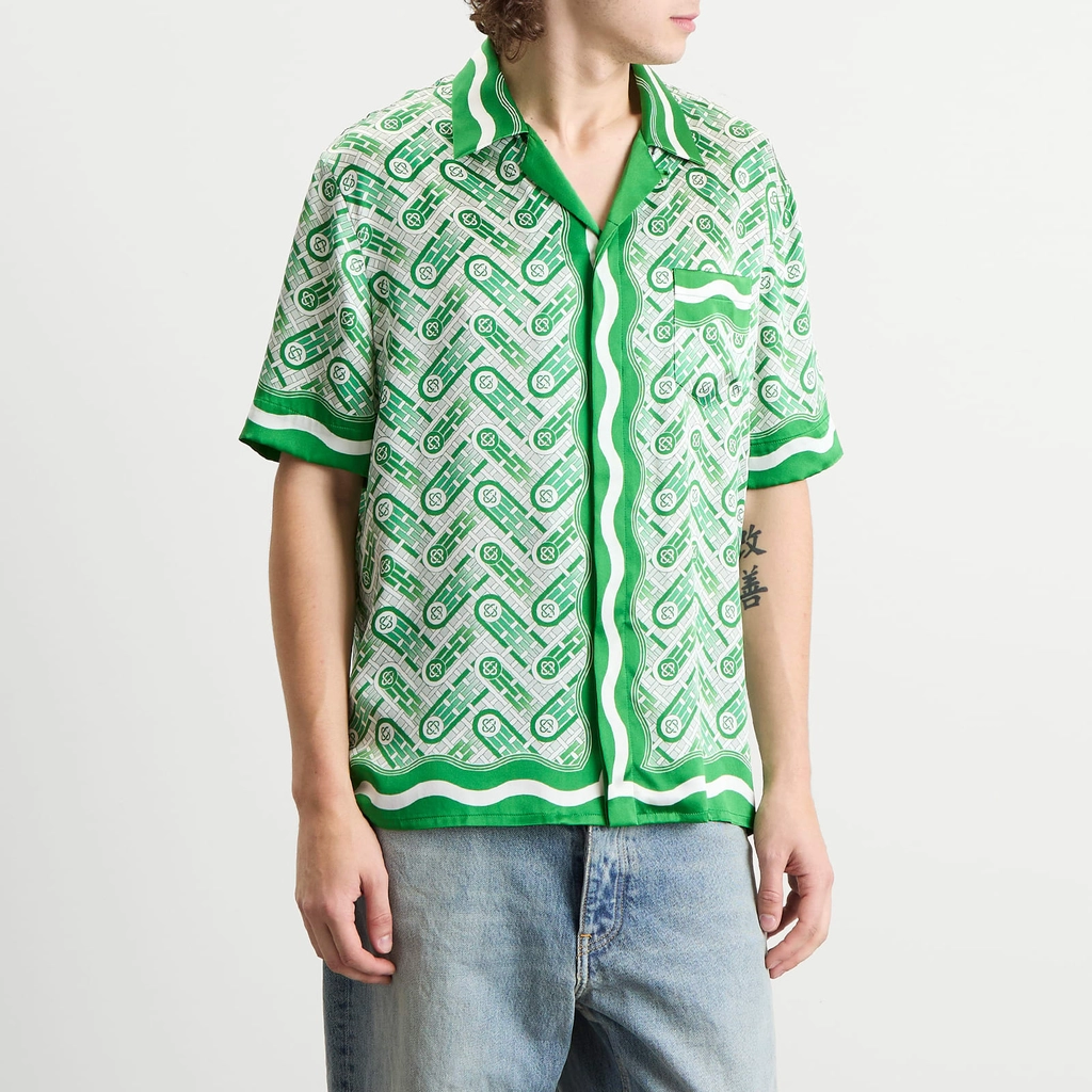 Casablanca Men's Cuban Collar Short Sleeve Patterned Silk Shirt Green