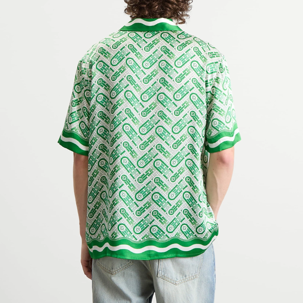 Casablanca Men's Cuban Collar Short Sleeve Patterned Silk Shirt Green