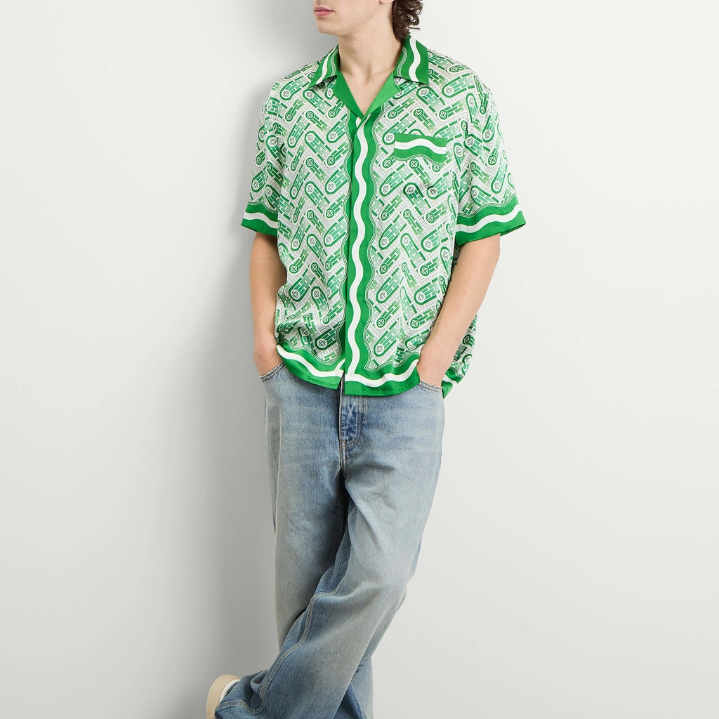 Casablanca Men's Cuban Collar Short Sleeve Patterned Silk Shirt Green