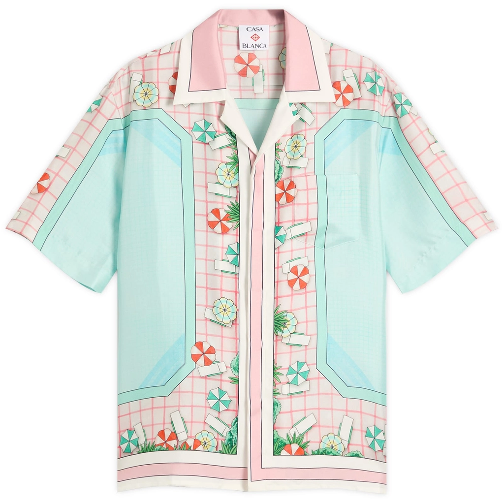 Casablanca Men's Cuban Collar Short Sleeve Patterned Silk Shirt White