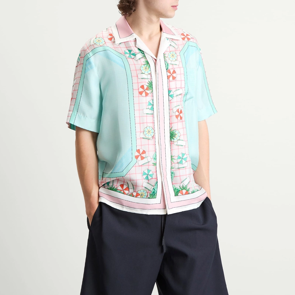 Casablanca Men's Cuban Collar Short Sleeve Patterned Silk Shirt White