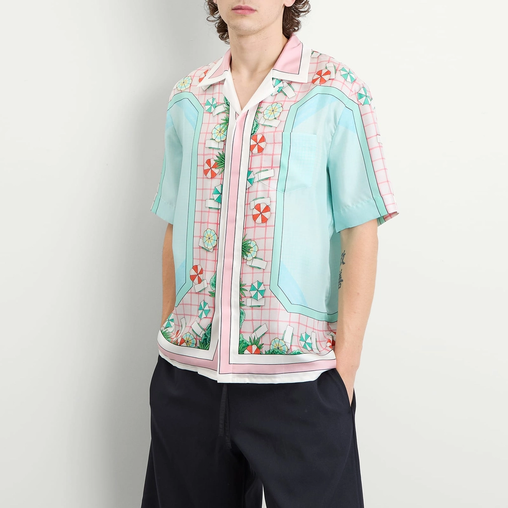 Casablanca Men's Cuban Collar Short Sleeve Patterned Silk Shirt White