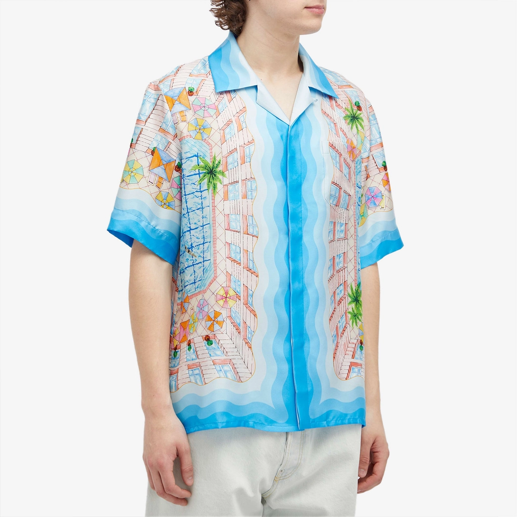 Casablanca Men's Le Plongeon Short Sleeve Silk Shirt Blue