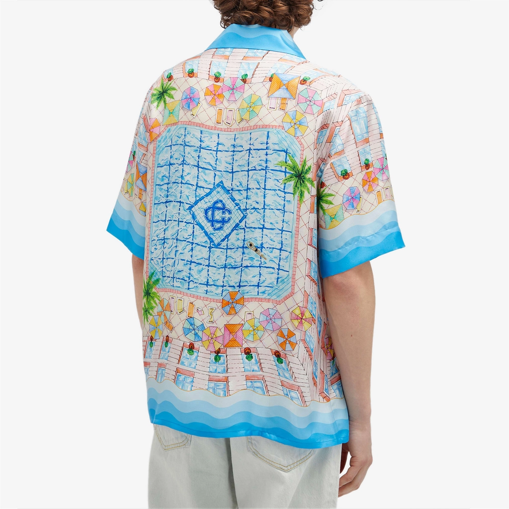 Casablanca Men's Le Plongeon Short Sleeve Silk Shirt Blue
