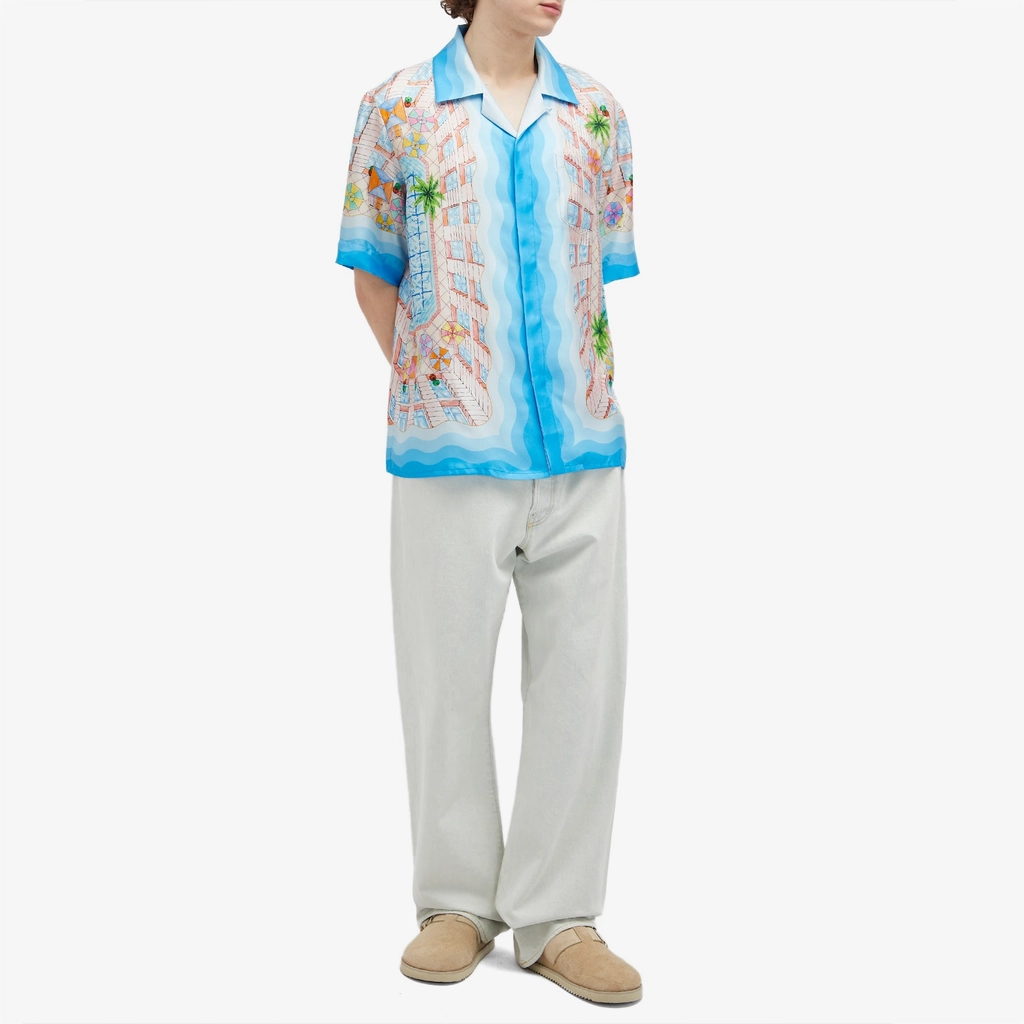 Casablanca Men's Le Plongeon Short Sleeve Silk Shirt Blue