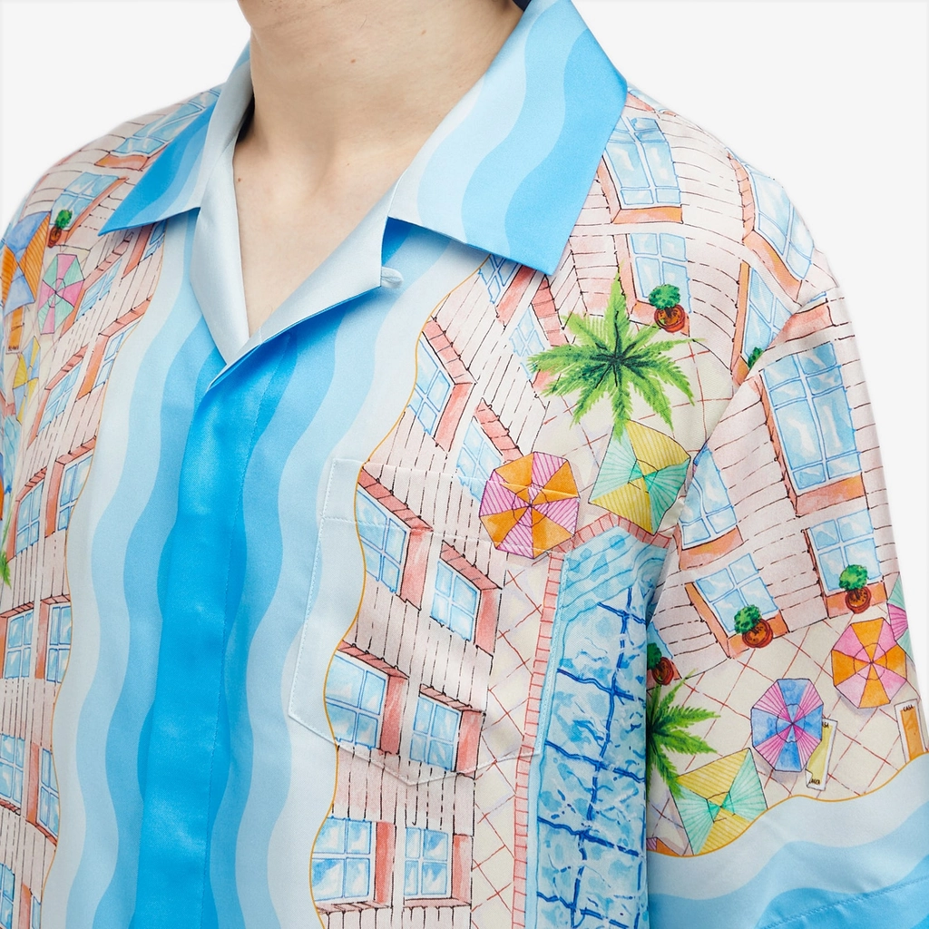 Casablanca Men's Le Plongeon Short Sleeve Silk Shirt Blue