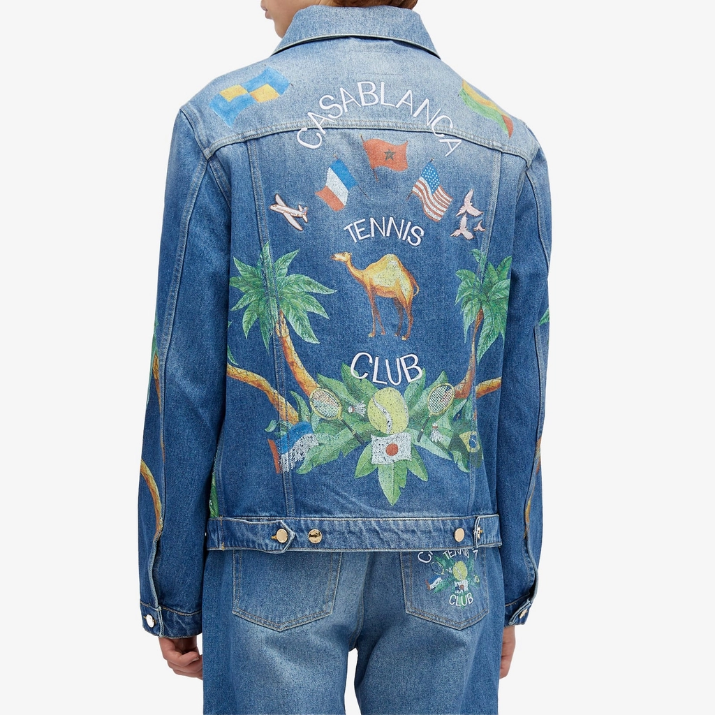 Casablanca Men's Tennis Club Print Embroidered Denim Jacket Blue