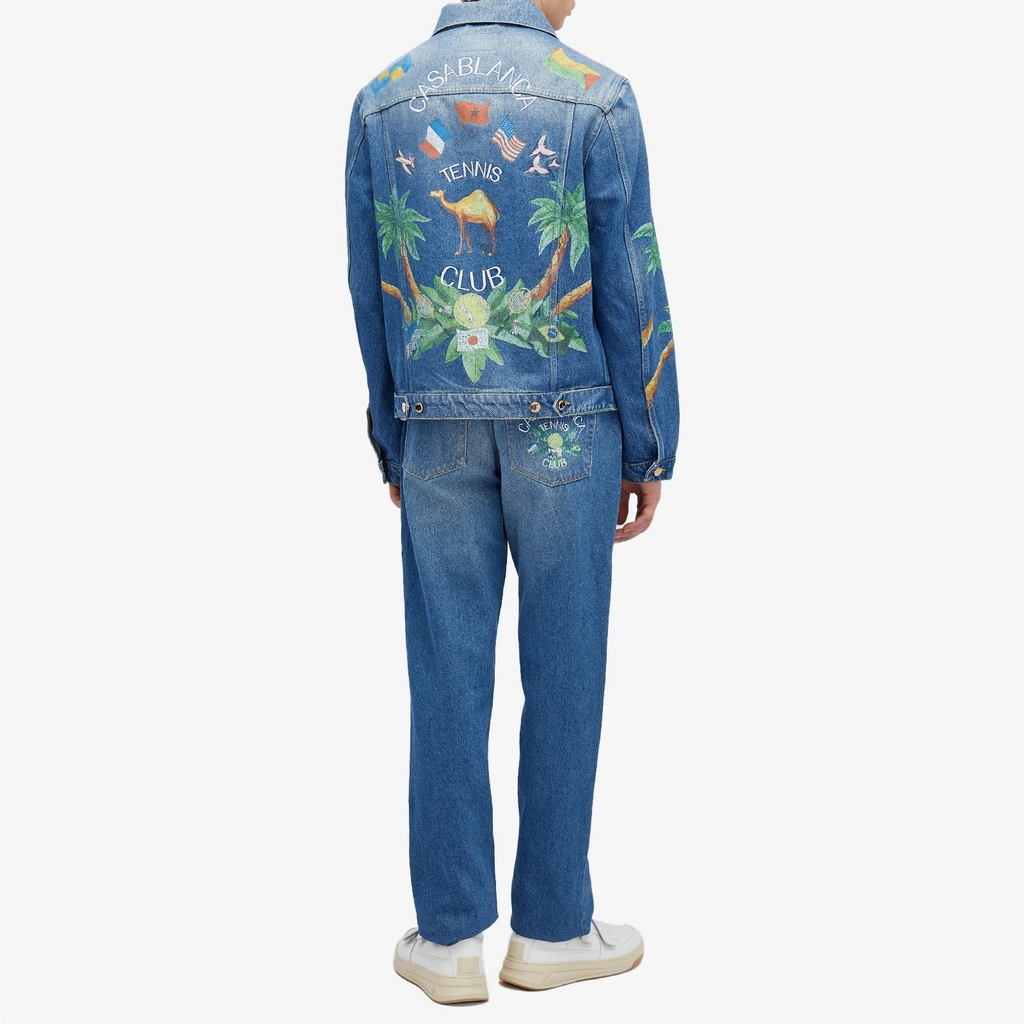 Casablanca Men's Tennis Club Print Embroidered Denim Jacket Blue