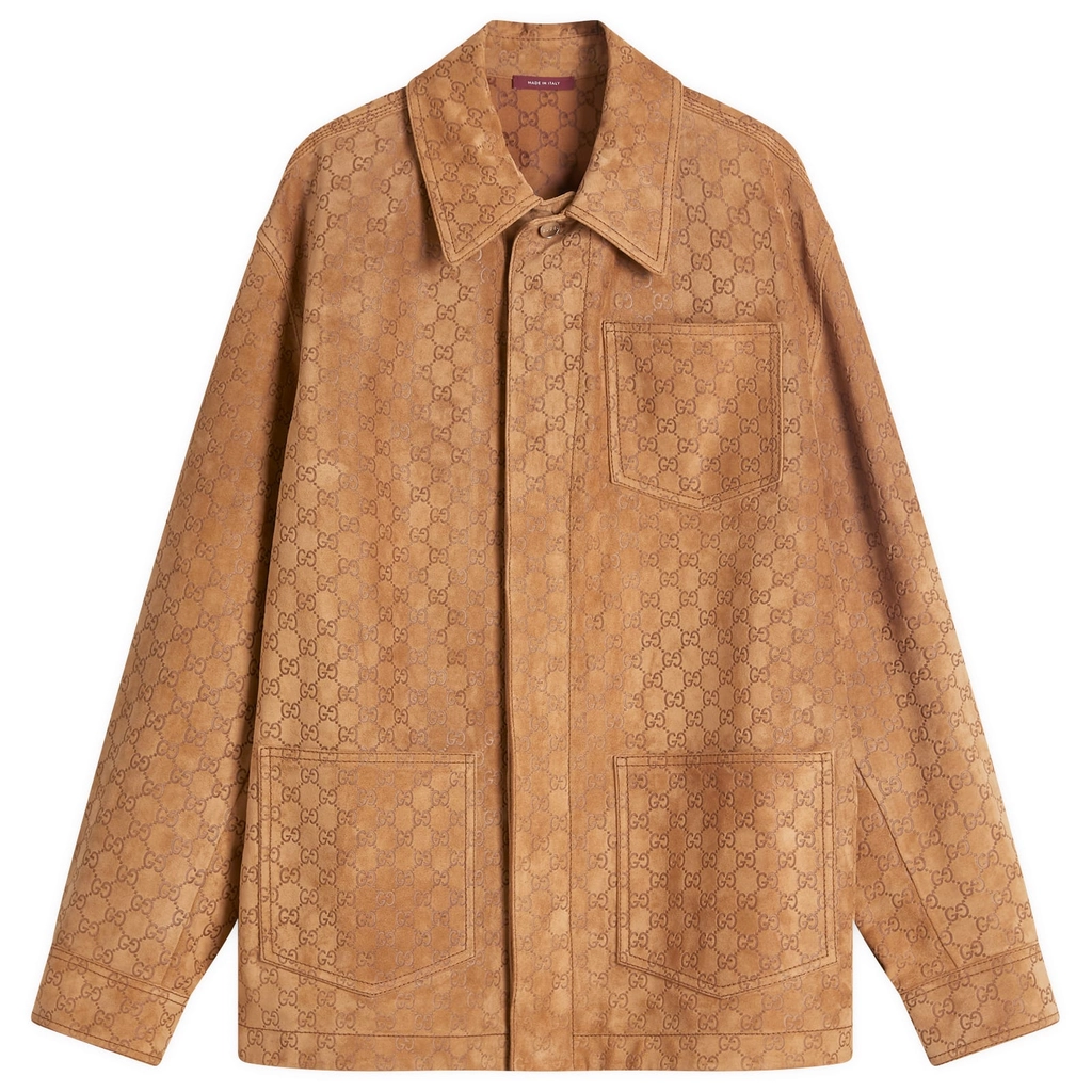 Gucci Men's All Over GG Suede Shirt Camel