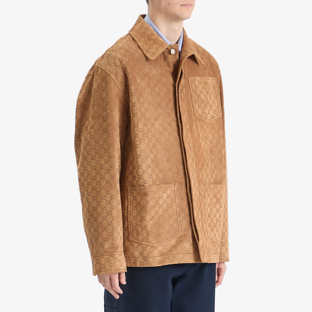 Gucci Men's All Over GG Suede Shirt Camel