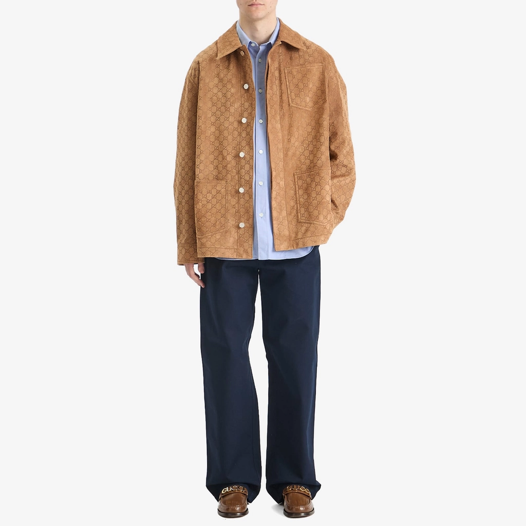 Gucci Men's All Over GG Suede Shirt Camel