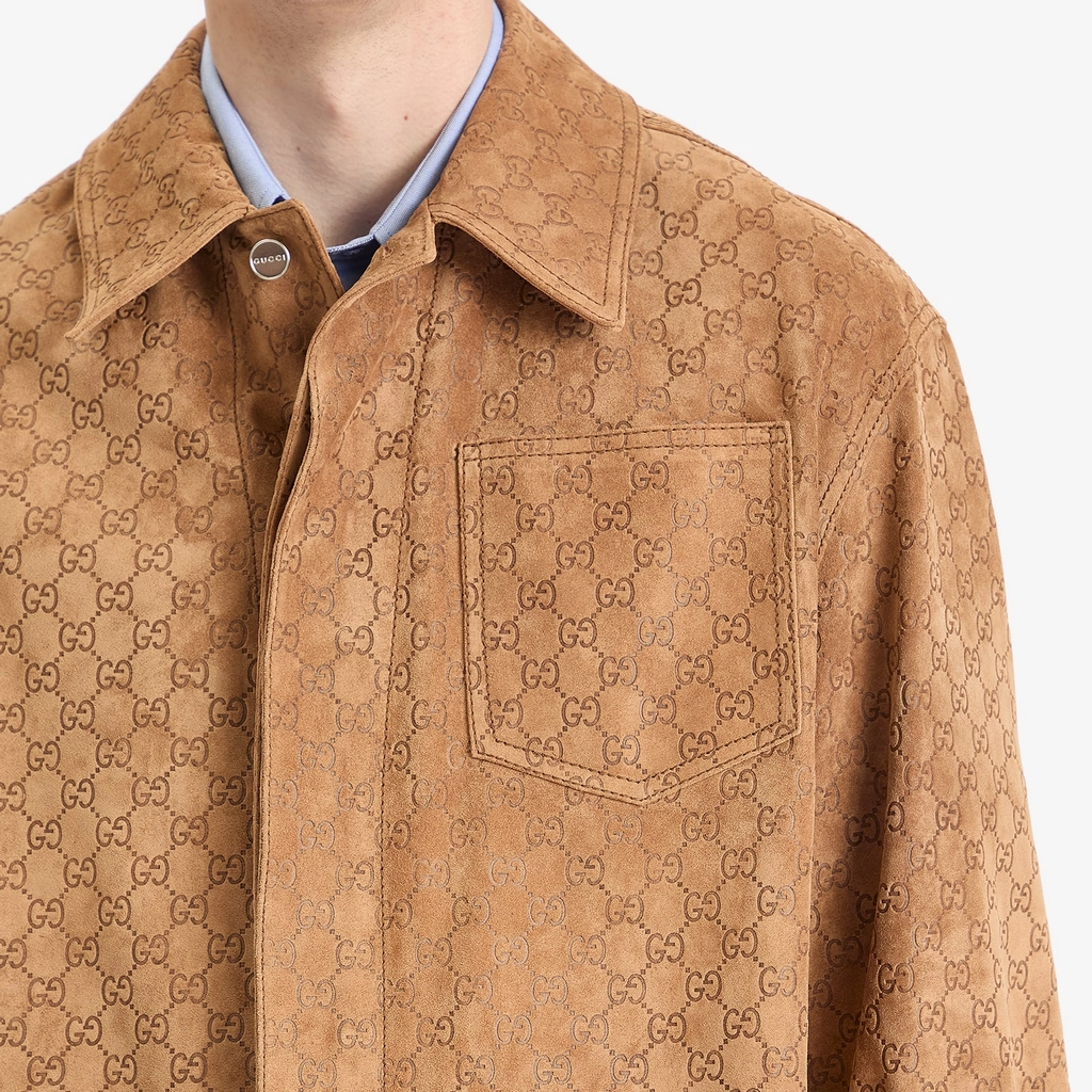 Gucci Men's All Over GG Suede Shirt Camel
