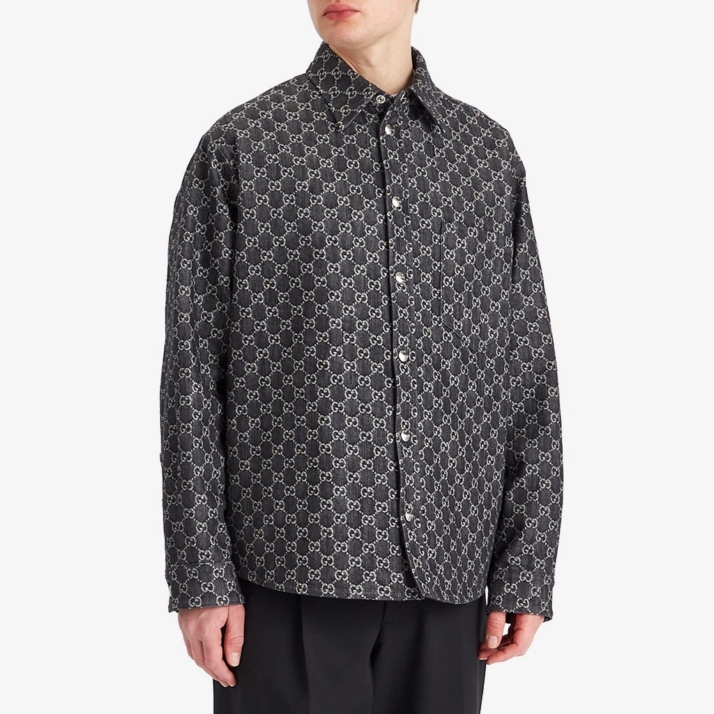 Gucci Men's Reversible GG Denim Jacquard Overshirt Dark Grey/Ivory