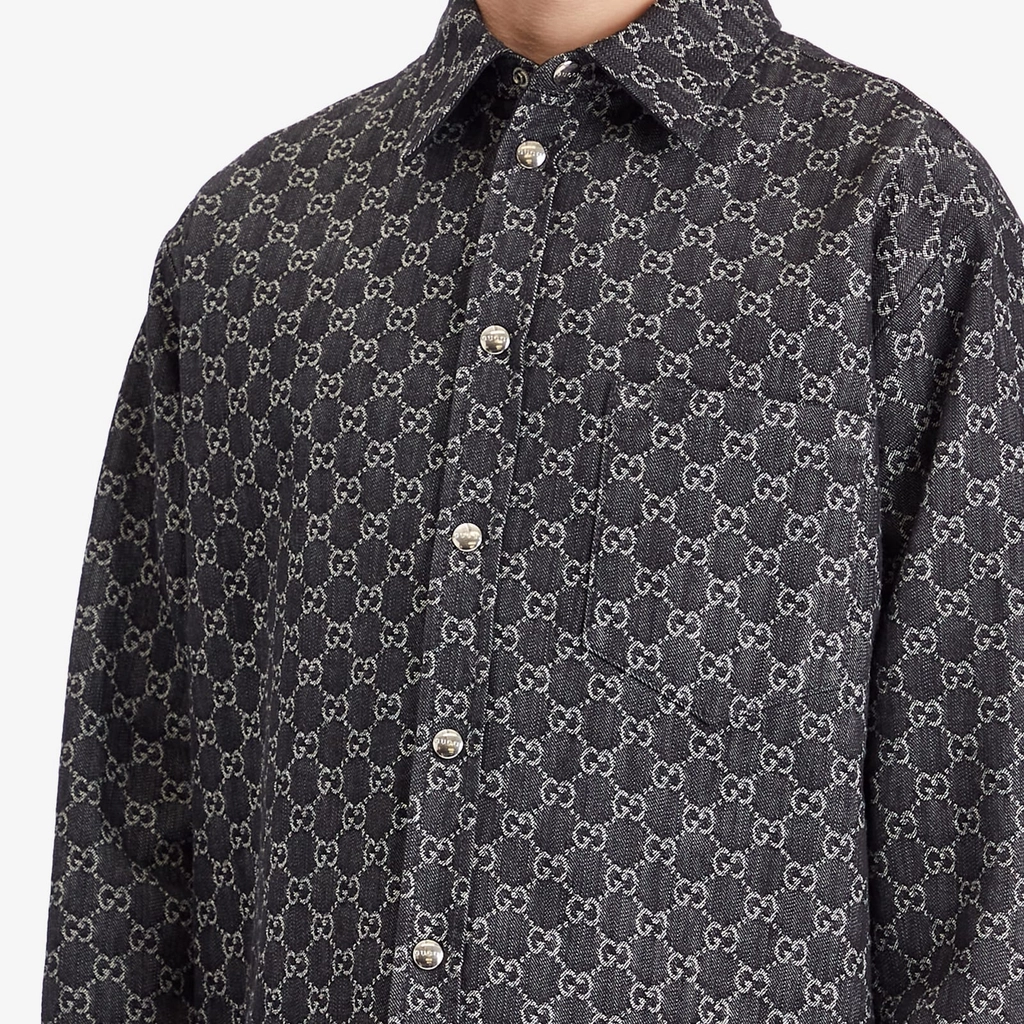 Gucci Men's Reversible GG Denim Jacquard Overshirt Dark Grey/Ivory