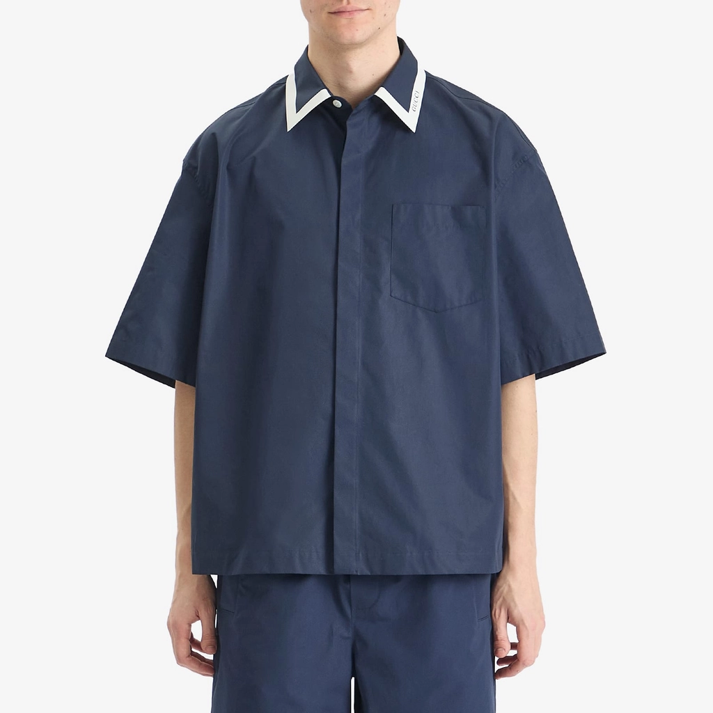 Gucci Men's Tape Collar Cotton Short Sleeve Shirt Blue Japan