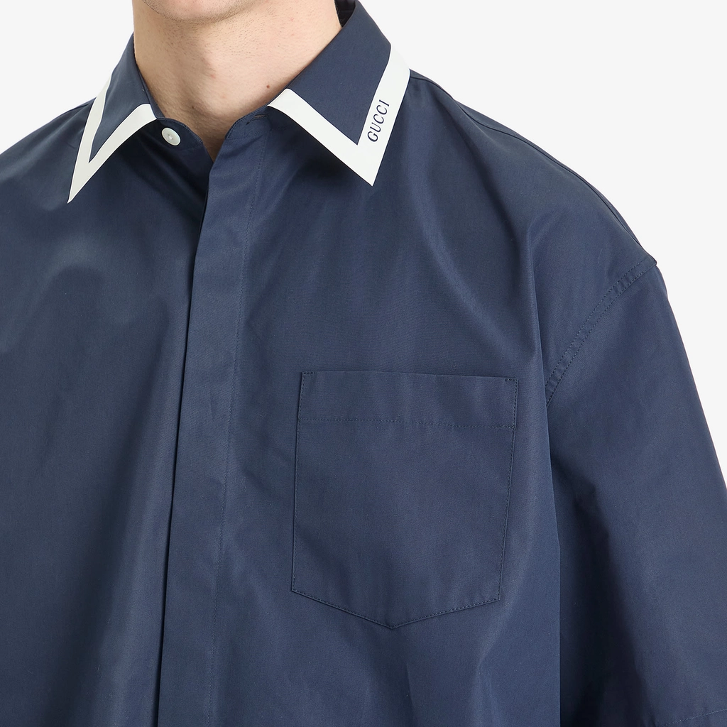 Gucci Men's Tape Collar Cotton Short Sleeve Shirt Blue Japan