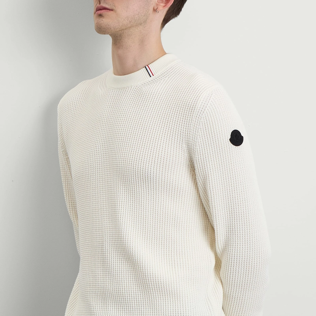 Moncler Men's Cotton Woven Crew Neck Jumper White