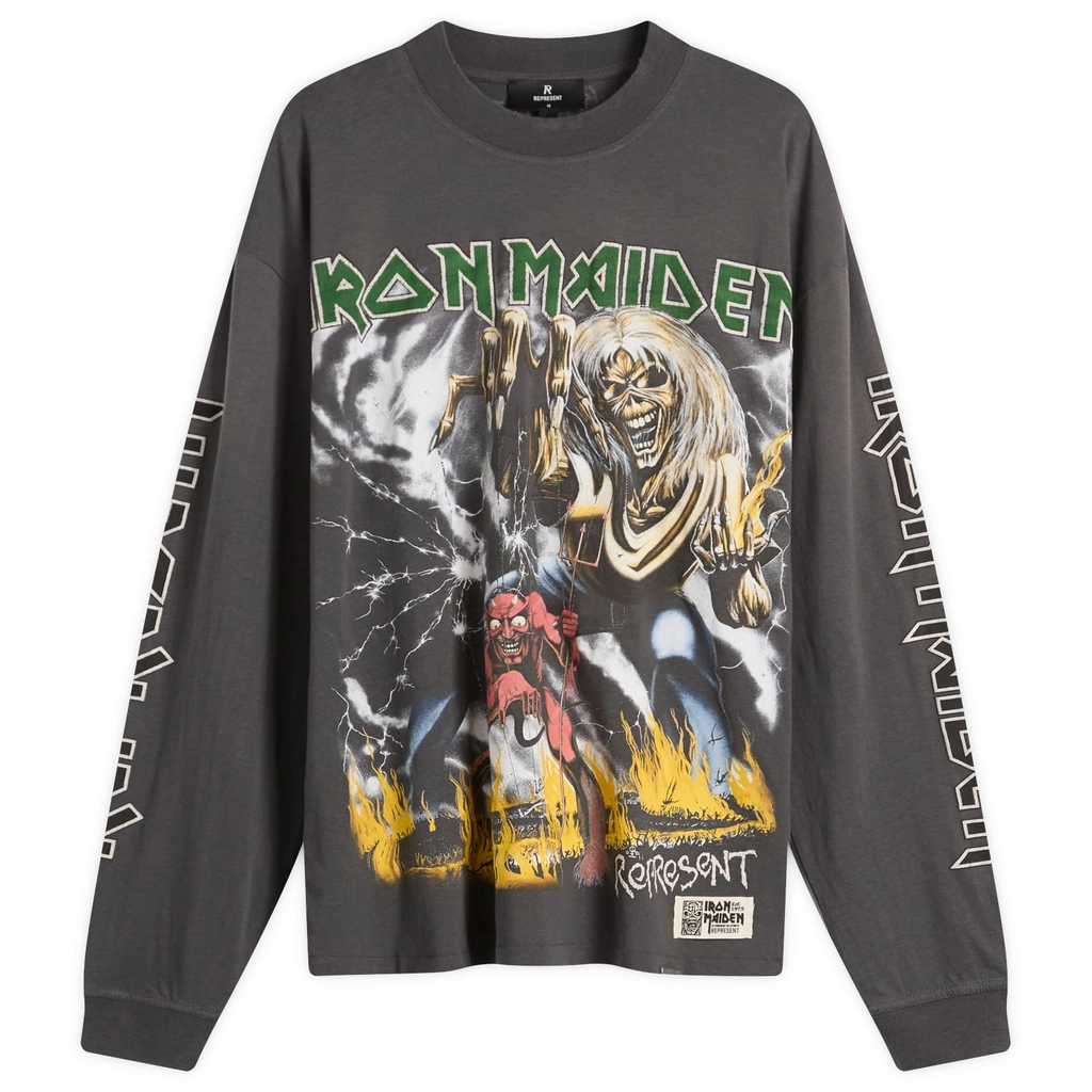 Represent Men's Iron Maiden Number of the Beast Long Sleeve Tee Sunfade Grey