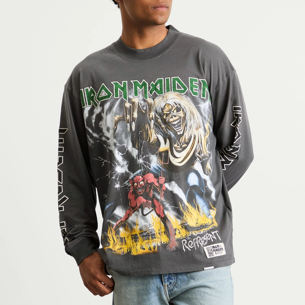 Represent Men's Iron Maiden Number of the Beast Long Sleeve Tee Sunfade Grey