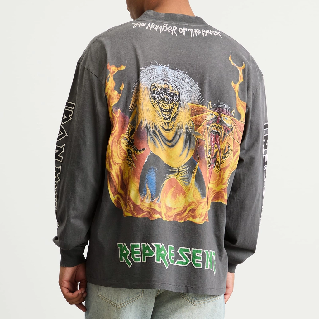 Represent Men's Iron Maiden Number of the Beast Long Sleeve Tee Sunfade Grey