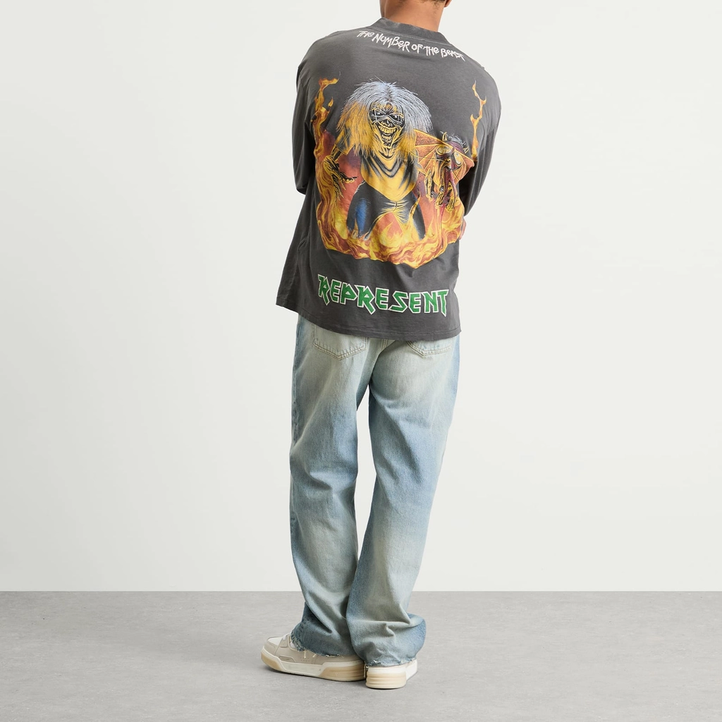 Represent Men's Iron Maiden Number of the Beast Long Sleeve Tee Sunfade Grey