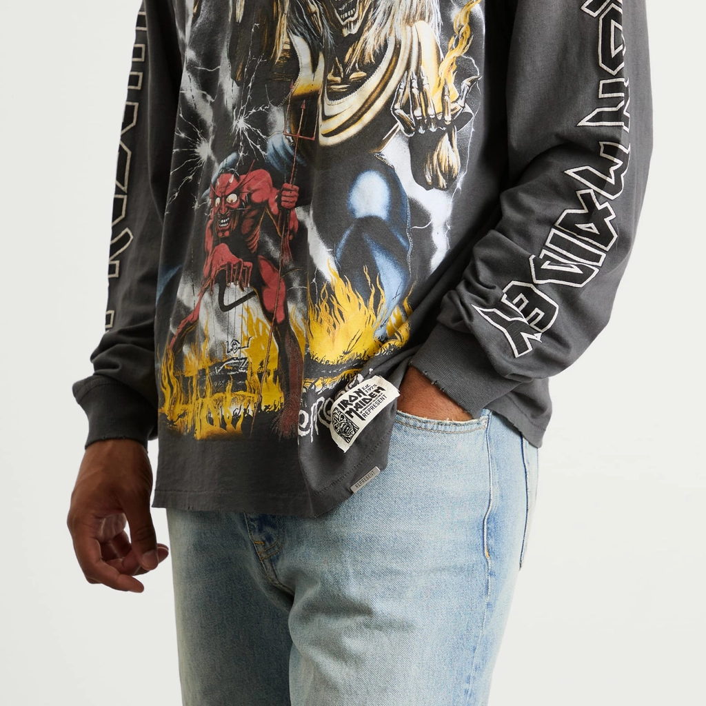 Represent Men's Iron Maiden Number of the Beast Long Sleeve Tee Sunfade Grey
